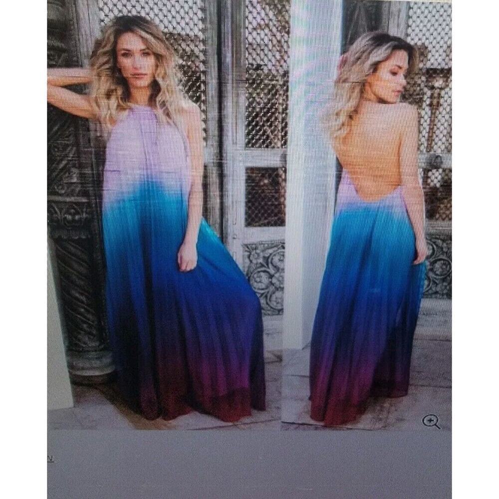 L'atiste By Amy Purple Ombre Maxi Dress Sz Large Halter Pleated Open Back Fairy